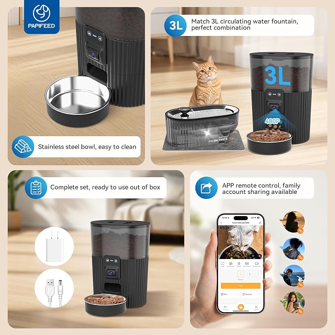 PAPIFEED Automatic Cat Feeder and Water Fountain Stainless Steel, WiFi Timed Auto Cat Feeder with Camera & App, Cat Food & Water Dispenser, Quiet Pet Drinking Fountain with LED, Smart Dog Feeder Set