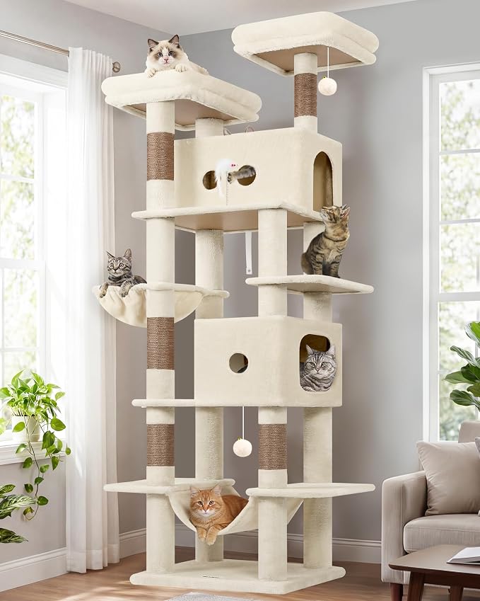 Globlazer Heavy Duty Cat Tree Tower 80in Tall Extra Large Cat Tree Tower for Multiple Indoor Cats Large Adult with Scratching Posts, 2 Spacious Condos, Padded Perches, Soft Hammock, S80B, Beige