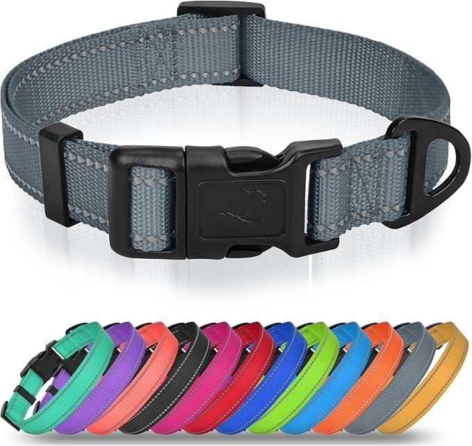 Joytale Small Dog Collar, Durable Double-Sided Reflective Nylon Collar for Night Safety, Adjustable Quick-Release for Active Breeds, Gray, S (3/4" Width)