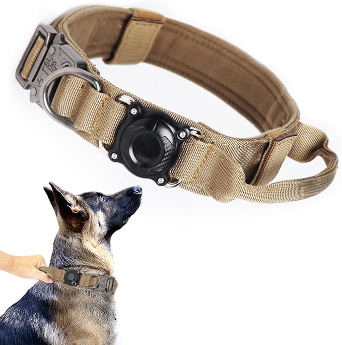 Upgraded AirTag Dog Collar,Waterproof Tactical Dog Collar with AirTag Holder, Control Handle and Metal Buckle,Heavy Duty Dog Collars for Large Dogs(Brown，XXL