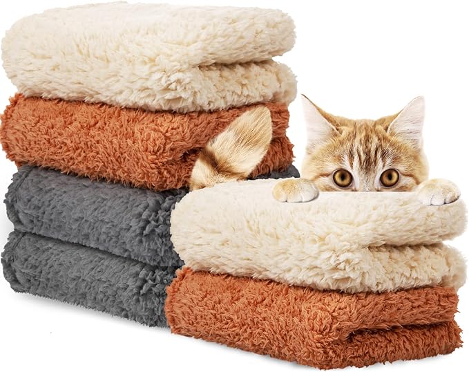 Newwiee 6 Pcs Blankets for Dogs Cats, Soft Warm Fluffy Fleece Pet Calming Blanket, Washable Flannel Throw for Small Medium Pet, Gray/Beige/Khaki(31 x 24 Inch)