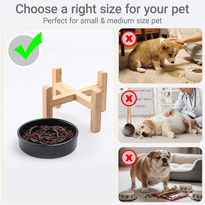 Ceramic Slow Feeder/Dog Bowl for Small Medium Dogs,Elevated/Raised Slow Feeding Dog Food Water Dish Heavy Weighted,Puzzle Eating Bow (Black, 8.26in)
