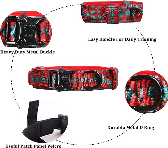 Christmas Tactical Dog Collar and Leash Set Adjustable Nylon Collar Dog Training Collar Leash Set with Control Handleand （Christmas Green L