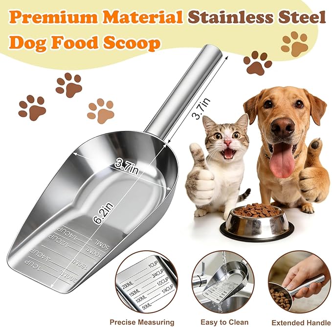 Mity rain Dog Food Scoop Stainless Steel with Long Handle, Precise Dog Food Measuring Cup 1, 3/4, 1/2, 1/4 Cup, Pet Scoop for Dogs, Cats, Rabbits, Animals, Metal Spoon for Dog Food Storage (1CUP)