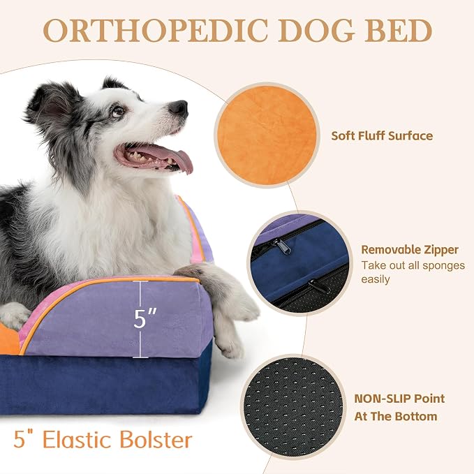 Comfort Expression Orthopedic Dog Bed for Large Dogs 36x27 Inch, Waterproof Egg Crate Foam Large Pet Bed with Bolsters, Dog Couch with Washable Cover & Non-Slip Bottom, Orange Breeze