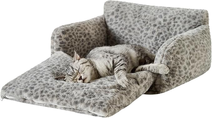 Hollypet Cat Bed Fluffy Plush Multifunctional Double-Layer Machine Washable Soft Warming Kitty Pet Couch Orthopedic Nest Beds for Small Cats Kitten and Dogs up to 13lbs, Snow Leopard(21x15x8 inch)