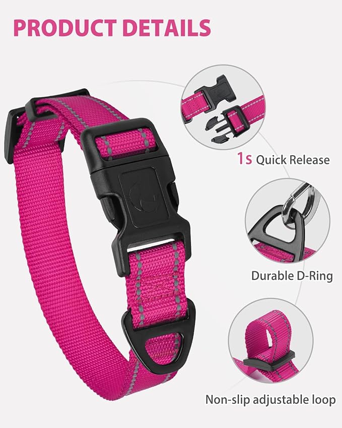 Joytale Extra Large Dog Collar, Wide Double-Sided Reflective Nylon Collar for Night Safety, Adjustable Quick-Release for Gentle Giants, Hotpink, XL (1 1/4" Width)