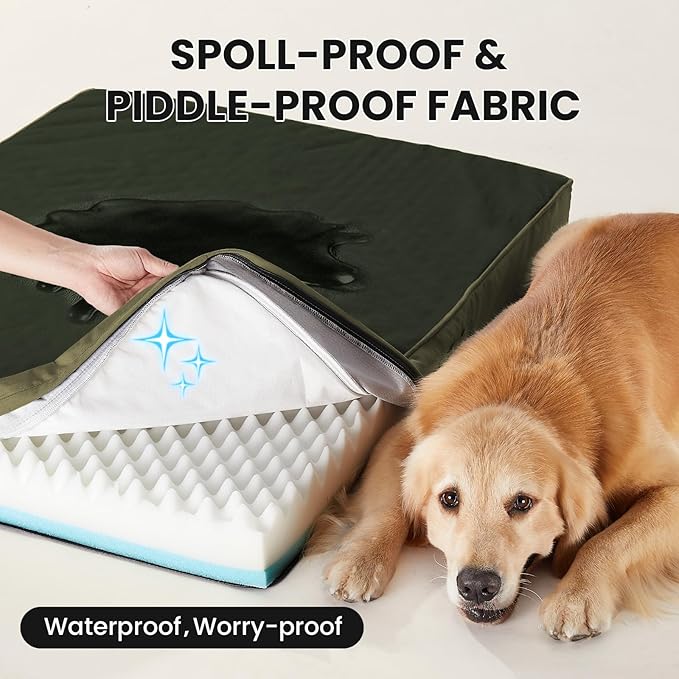 OhGeni Orthopedic Waterproof Dog Bed for Large Dogs, Machine-Washable Removable Cover in Easy-Clean Fabric, Reversible Memory Foam & Easy-Carry Handle, Suitable for Crate, 41 inch (Green)