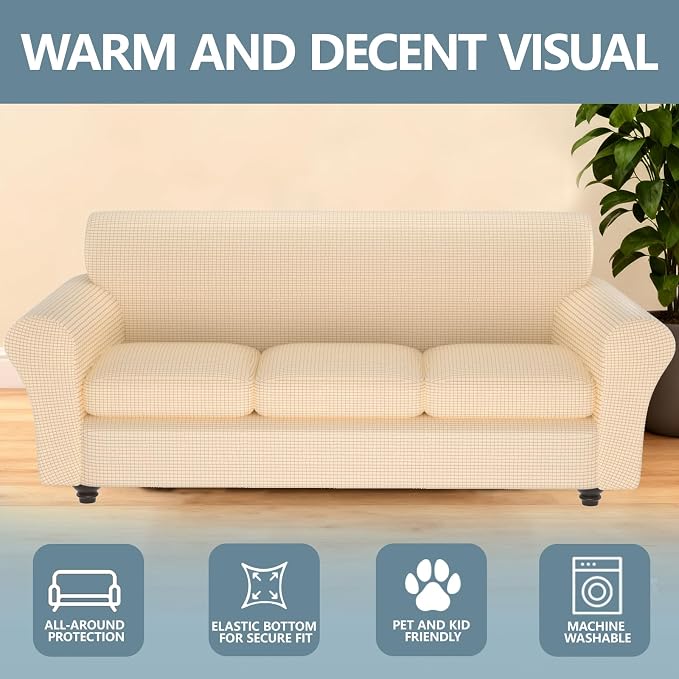 Stretch Couch Covers for 3 Separate Cushion Couch Sofa -Living Room Couch Sofa Cover,Washable Sofa Slipcover,Pet Friendly Furniture Protector with Elastic Bottom,Universal Fit for Home(Beige,Sofa)