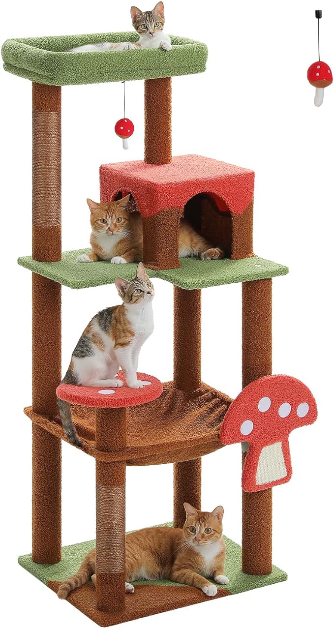 MUTTROS Mushroom Cat Tree Tower with Removable Scratcher, Large Hammock, Condo, Perch, 3 Sisal Posts – Multi-Level Cat Tree for Indoor Cats, Cute Cat Tower for Small Space Homes