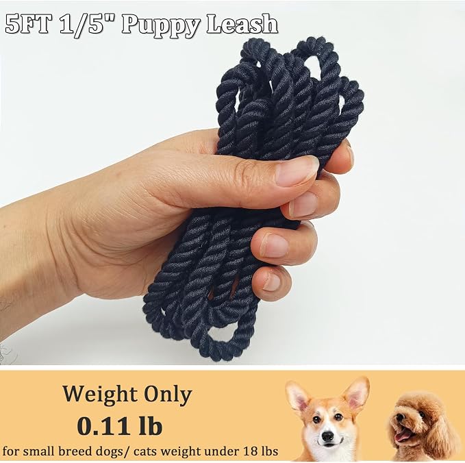 5FT Puppy Leash for Small Dogs, 1/5" Lightweight & Soft Cotton Braided Rope Dog Leash for Cats/Tiny Breed Pets Walking Training, Black