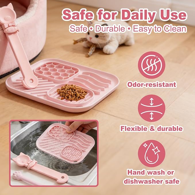 AZY 3-Piece Slow Feeder Cat Bowl Set, Silicone Cat Lick Mat, Cat Treat Dispenser & Food Spoon for Wet Food, Slow Eating & Daily Cat Enrichment (Pink)