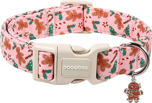 DOGWONG Christmas Dog Collar, Pink Gingerbread Man Pet Dog Collar Cotton Soft Dog Collars Winter Holiday Collars for Small Medium Large Dogs