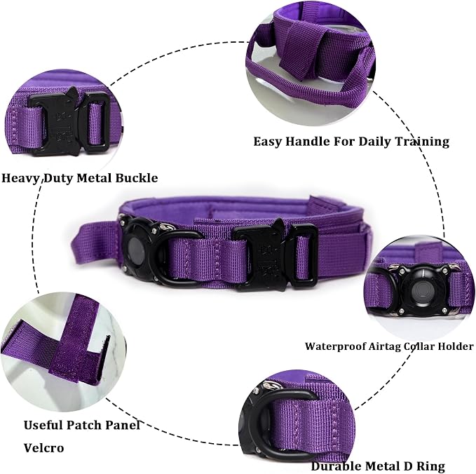 Tactical Dog Collar and Leash Set with Airtag Holder Waterproof Dog Airtag Collar with Handle Adjustable Heavy Duty Dog Collar Leash Set(DeepPurple，L