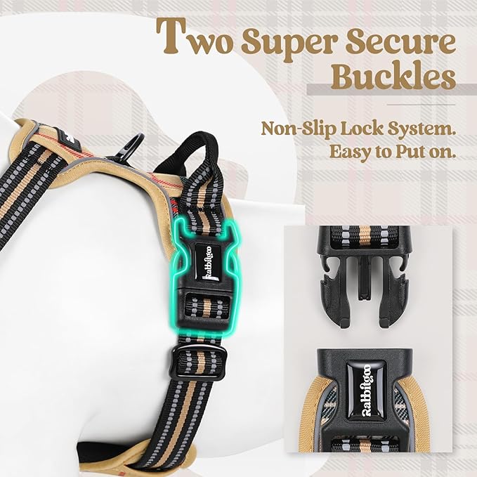 rabbitgoo Dog Harness No Pull with 2 Leash Clips, Adjustable Soft Padded, Reflective Oxford No Choke Pet Vest with Easy Control Handle for Medium Sized Dogs, Beige Plaid, M