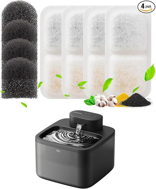 oneisall 4 Replacement Filters for Cat Water Fountain PW13 PW14, 2 Months Set of Replacement Filters for Ultra Quiet Pet Water Fountain, White 4 Count (Pack of 1)
