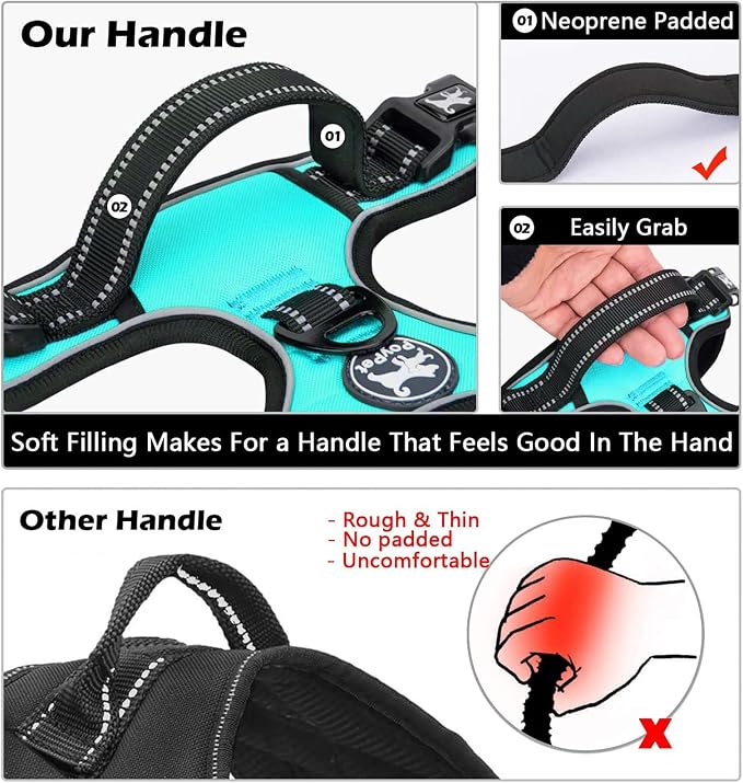 PoyPet Dog Harness No Pull, Reflective Adjustable No Choke Pet Vest with Front & Back Clips, Soft Padded and Control Training Handle for Large Dogs(Mint Blue,XL)