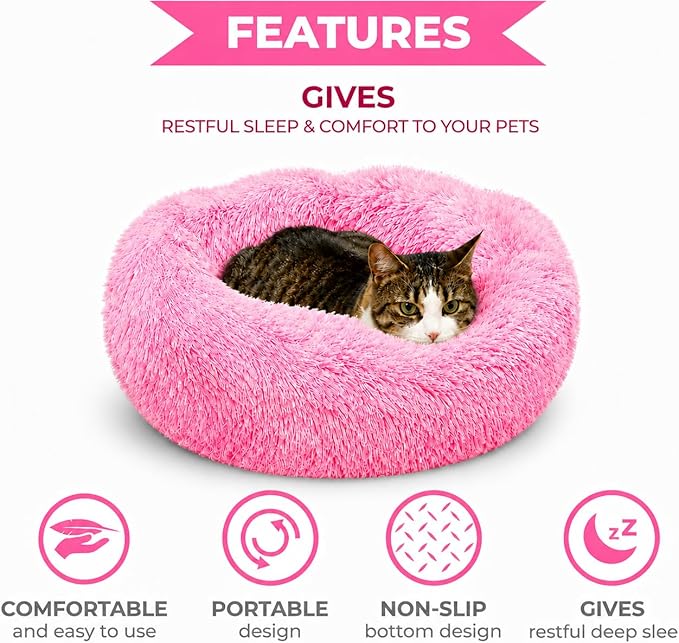 Whiskers & Friends Cat Beds for Indoor Cats, Fluffy Calming Donut Cat Bed, Small Dog Bed Washable - Orthopedic Soft Plush Pet Beds Sized for Kitten to Large Cats & Puppy to Small Dogs - Gradient Pink