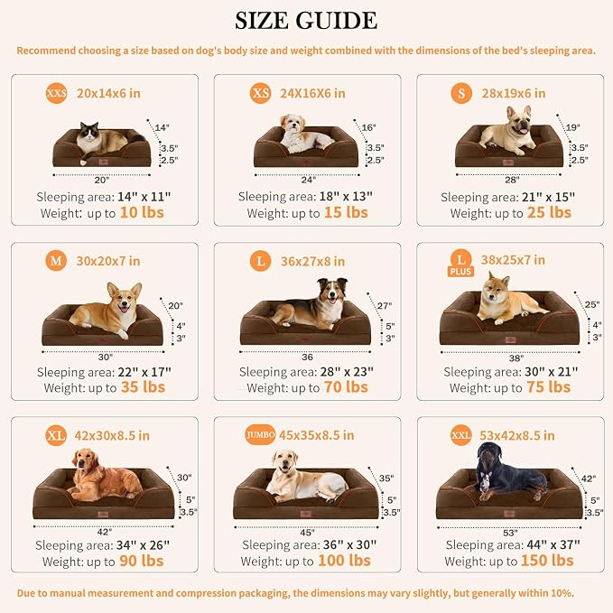 Comfort Expression Orthopedic Dog Bed for Medium Dogs 28x19 Inch, Waterproof Egg Crate Foam Medium Pet Bed with Removable Bolsters, Dog Couch with Washable Cover & Non-Slip Bottom, Dark Brown