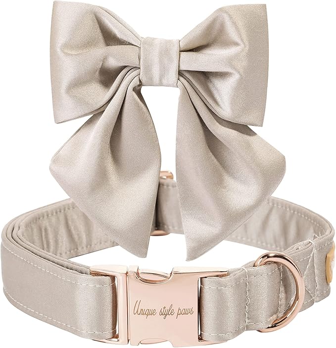 Unique style paws Silk Champagne Color Dog Collar Adjustable Durable Dog Collar with Bow Wedding Bow tie Dog Collar for Large Dogs
