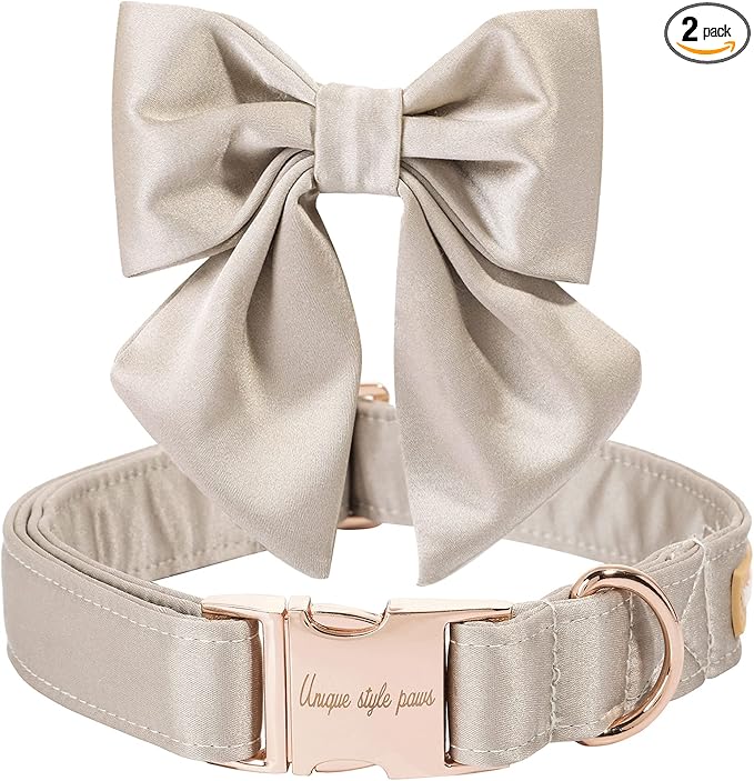 Unique Style Paws Silk Champagne Color Adjustable Durable Dog Collar with Bow Wedding Bow Tie for X-Small Puppy and Cats