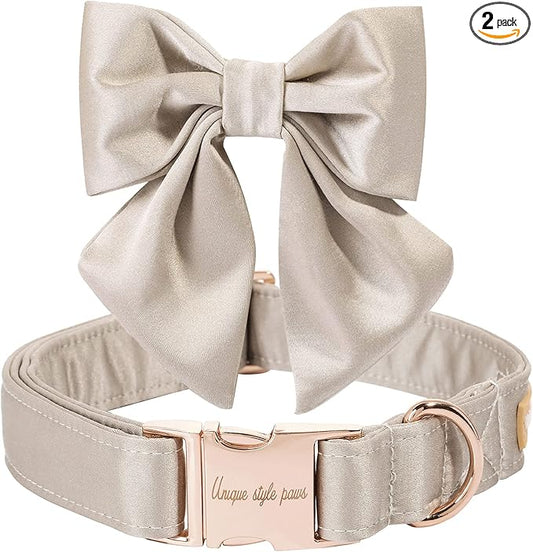 Unique Style Paws Silk Champagne Color Adjustable Durable Dog Collar with Bow Wedding Bow Tie for X-Small Puppy and Cats