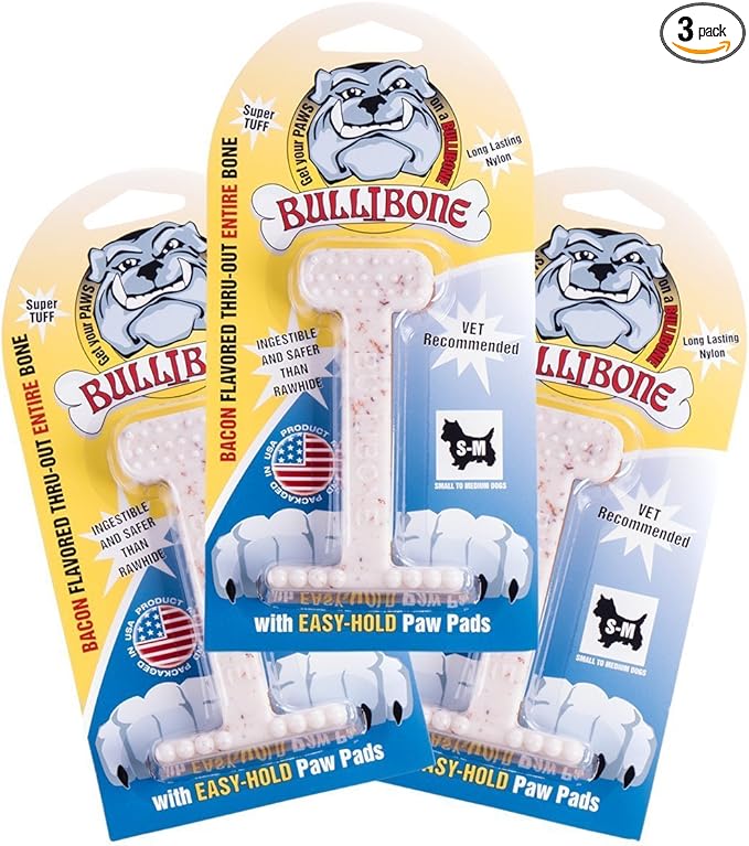 Bullibone Nylon Dog Chew Toy for Aggressive Chewers - Dental Hygiene Bone with Bacon Flavor, Durable Tough Chew Toys for Small Dogs, Indestructible Dog Bone - 3 Pack