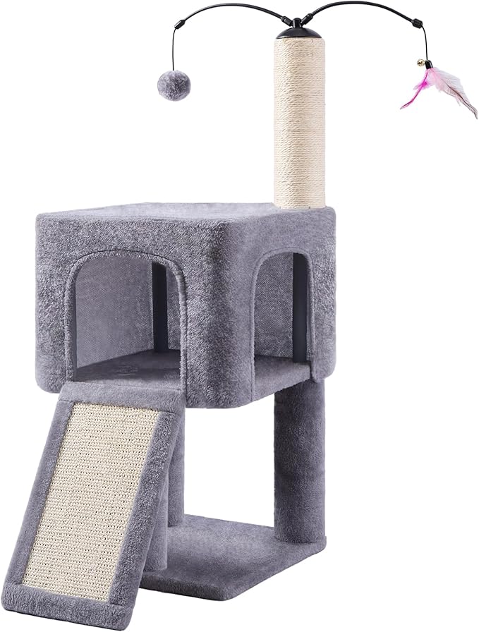 Roypet 32" Cat Tree for Indoor Cats, 2-in-1 Cat House with Sisal Scratching Post & Ramp, 2-Level Cat Tower with Rotatable Feather & Ball Toys, Stable Grey Cat Condo for Small/Medium Cats, Grey