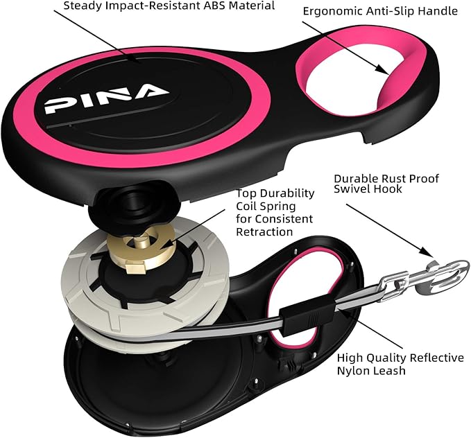 PINA Retractable Dog Leash, 10ft Dog Leash for Small Dogs Up to 33lbs, 360° Tangle-Free Strong Reflective Nylon Tape, with Anti-Slip Handle, One-Handed Brake, Lock - Black Pink