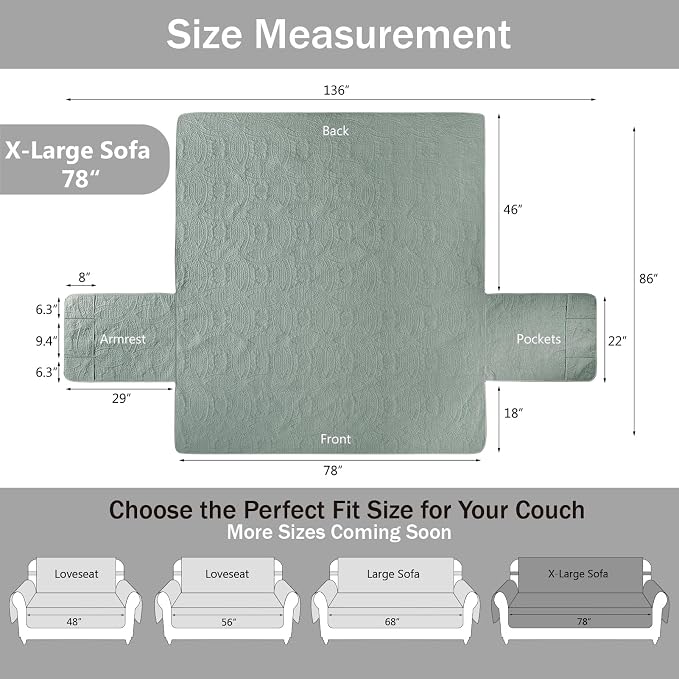 Soft Sage Quilted Couch Cover with Pockets for Extra-Large Sofa, Anti-Slip Sofa Covers Washable for 3 Cushion, Pet Friendly Oversized Sofa Cover Water-Repellent (X-Large Sofa 78", Sage Blue)