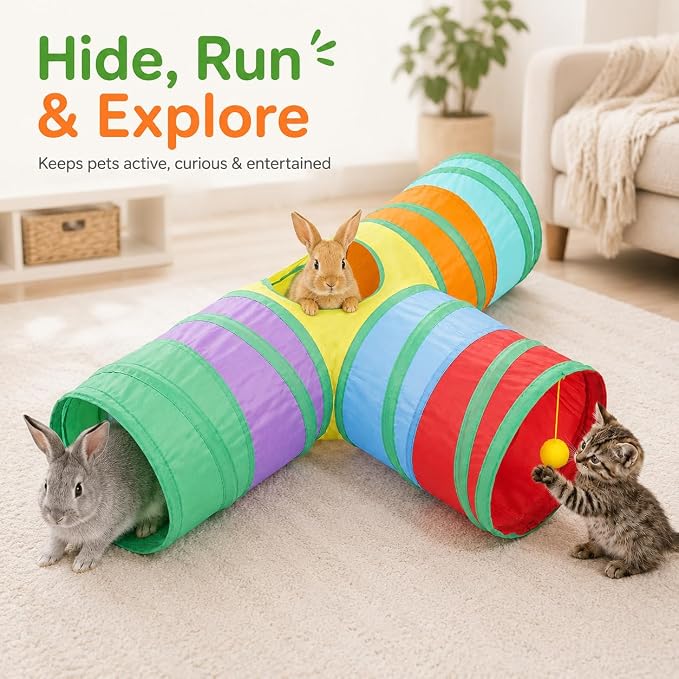 Rabbit Tunnel Collapsible 3 Way Tunnels and Tubes with Interactive Ball Bunny Hideout - Small Animal Activity Tunnel Toys for Dwarf Rabbit, Guinea Pig, Kitty