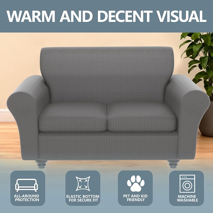 Stretch Couch Covers for 2 Separate Cushion Couch Sofa -Living Room Couch Sofa Cover,Washable Sofa Slipcover,Pet Friendly Furniture Protector with Elastic Bottom,Universal Fit for Home(Gray,Loveseat)