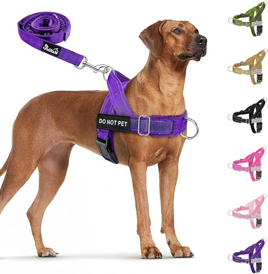 SlowTon No Pull Dog Harness - Heavy Duty Dog Harness and Leash Set for Medium Large Dogs, Reflective Tactical Harness with Soft Padded and Front Clip for Easy Walk and Training (Purple, XL)