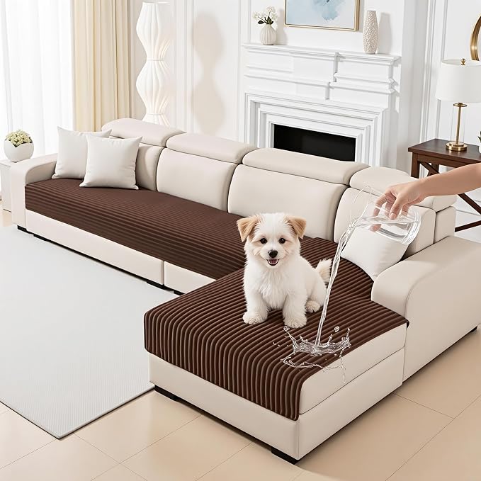 MYSKY HOME 100% Waterproof Couch Cover for Sectional Sofa, Couch Covers for Dogs Washable, Non Slip 2 Pieces Sofa Slipcover, L Shape Sofa Cover Furniture Protector for Pet, Brown, 35"x70.9"+35"x70.9"