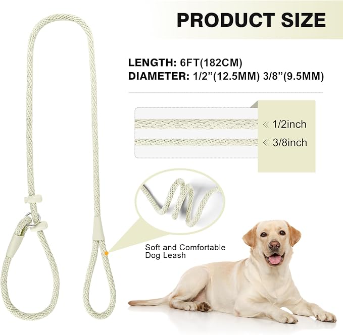 Lynxking Dog Leash Slip Lead Reflective Breathable Rope Comfortable Strong No Pull Slip On Pet Training Lead for Dogs (Beige, Large 1/2 inch x 6ft)