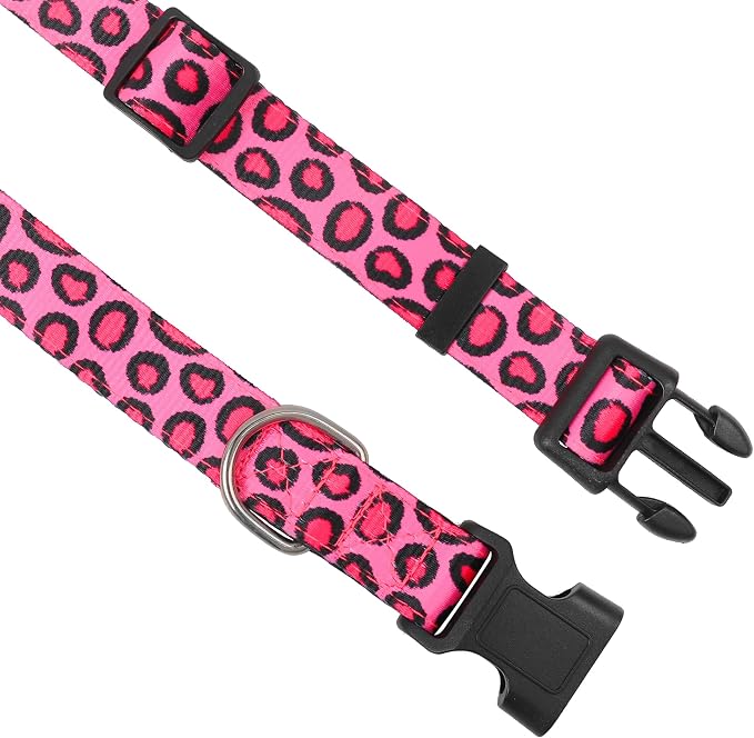 Reflective Dog Collar, Adjustable Soft Neoprene Padded Nylon Pet Collars with Buckle for Puppy and Small Dogs, Cats, Leopard Pink,L
