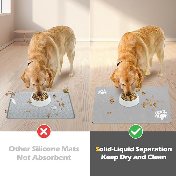 Pet Feeding Mat-Absorbent Dog Mat for Food and Water Bowl-Accessories Pet Supplies-Bowl for Messy Drinkers-No Stains Quick Dry Dog Water Dispenser Mat (16"x24", Light Grey)