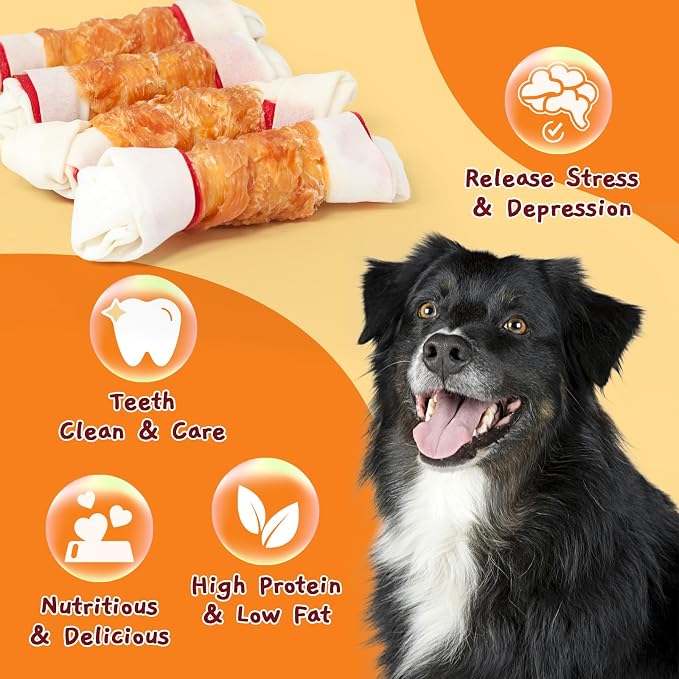 Jungle Calling Chicken Wrap Knotted Bones Dog Chews, Long Lasting Beefhide Treats Real Rawhide Bones for Large Dogs Edible Training Treats (Pack of 2)