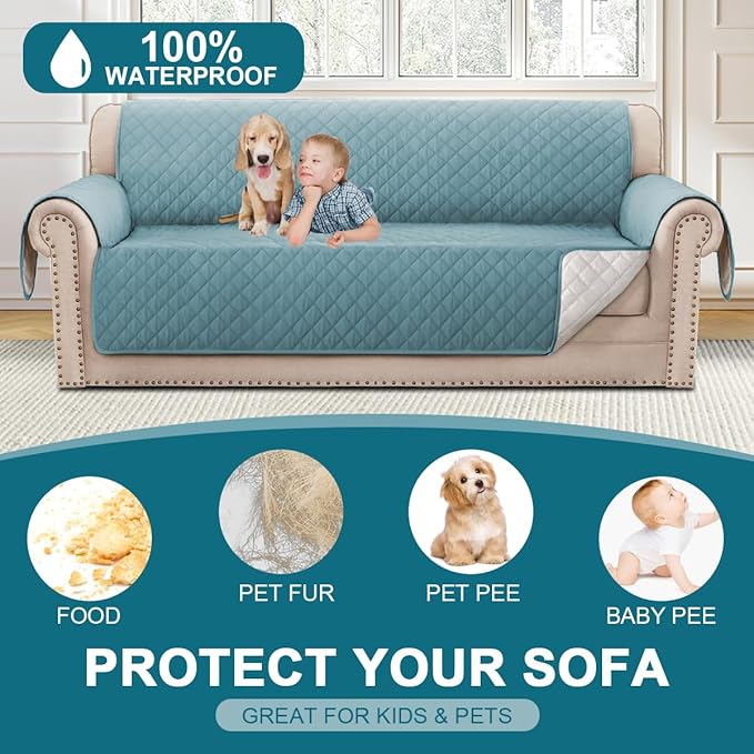Turquoize 100% Waterproof Sofa Covers Couch Cover Sofa Cover for Dogs Couch Protector Triple Non-Slip Sofa Slipcover for 3 Cushion Couch Furniture Protector for Pets, Kids,Dog (Sofa 70", Stone Blue)