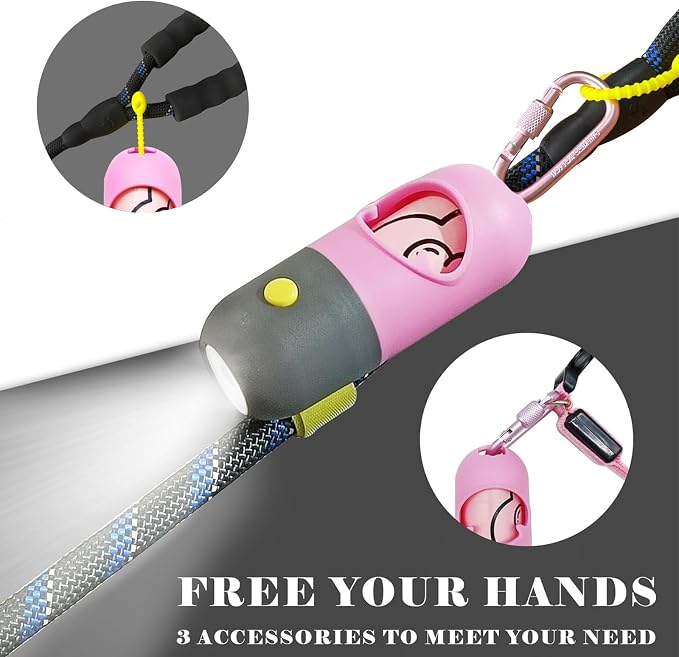 Dog Poop Bag Holder with LED Flashlight for Night Walks,Silicone Tether & Donut Pattern Clip for Used Bags, Hands-Free Metal Leash Carabiner, Includes 15 Scented Waste Bags(Pink)