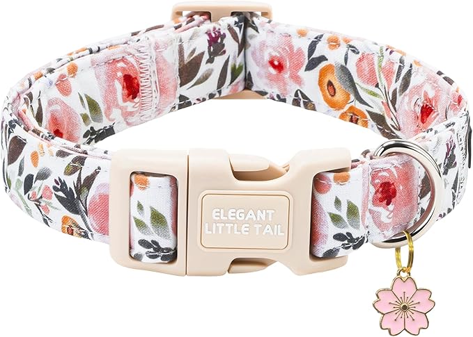 Elegant little tail Dog Collar - Pink Floral Dog Collars Cute Spring Puppy Adjustable Pet Collars with Sturdy Quick Release Buckle for Small Dogs