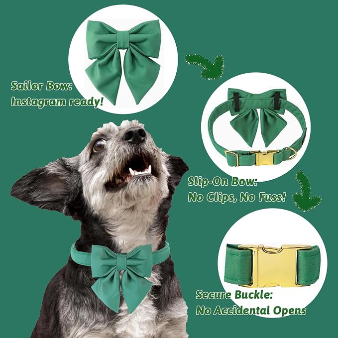 Maca Bates Jade Green Dog Collar with Cute Solid Sailor Bow Tie for Extra Large Girl Boy Dogs,Adjustbale Durable Breakaway Soft Collars with Bowtie for Female Male Puppy,Pet with Metal Buckle