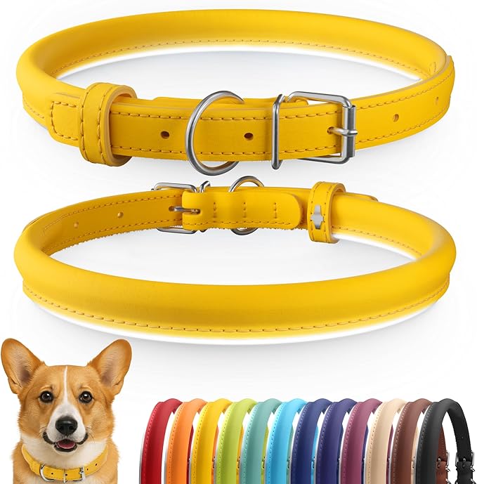 CollarDirect Reflective Rolled Leather Dog Collar, Soft Padded Round Puppy Collar, Handmade Genuine Leather Collar Dog Small Large Cat Collars 13 Colors (11-14 Inch, Yellow Reflective)