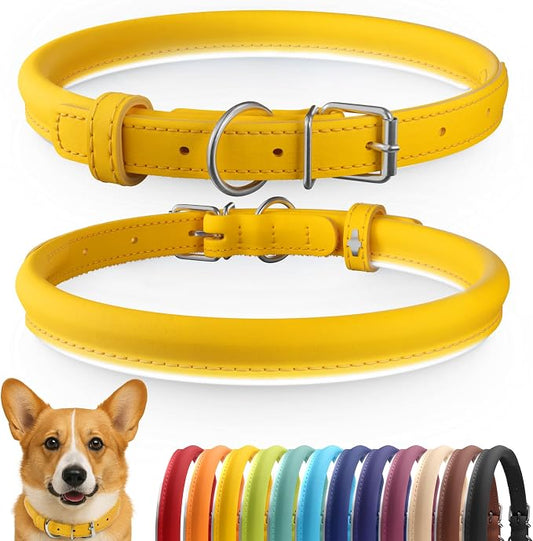 CollarDirect Reflective Rolled Leather Dog Collar, Soft Padded Round Puppy Collar, Handmade Genuine Leather Collar Dog Small Large Cat Collars 13 Colors (13-16 Inch, Yellow Reflective)