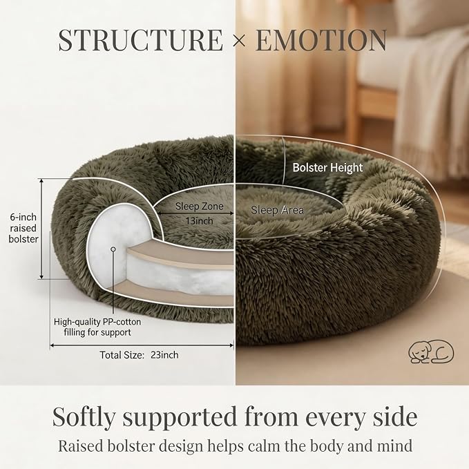 Calming Donut Dogs Beds for Small Dogs Washable,23inch Plush Round Pet Bed for Cozy Sleep,Fluffy Faux Fur Large Cat Bed,Fits up to 25 lbs Pets,Army Green