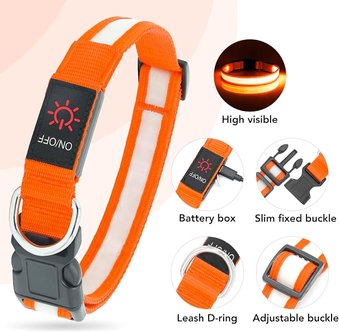 Vizpet LED Dog Collar, Light Up Dog Collar Adjustable USB Rechargeable Super Bright Safety Light Glowing Collars for Dogs(Medium,Orange)