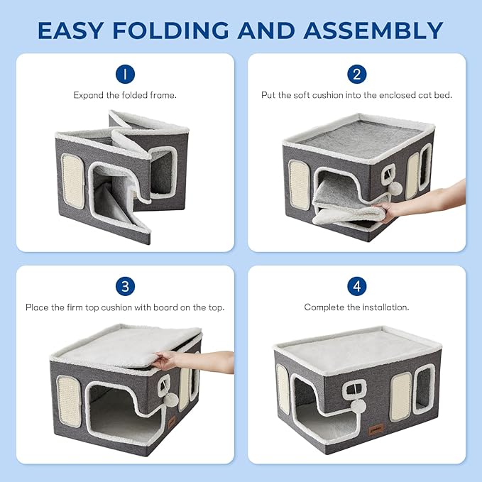 ZOMISIA Extra-Wide Cat House for Indoor Cats - Large Cat House for Pet with Fluffy Ball Hanging and Scratch Pad, Foldable Cat Hideaway for Multi Cats, 23x16.5x13 inches, Grey