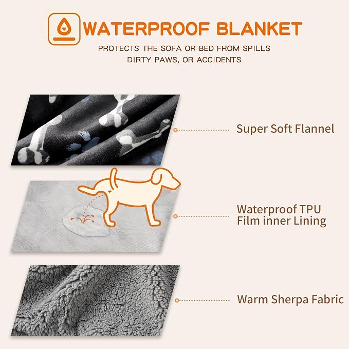 Waterproof Dog Blankets Pet Blanket 60"x80", Soft Fluffy Sofa Car Bed Protector, Reversible Sherpa Fleece Dog Blanket for Large Dogs(Navy Paws)