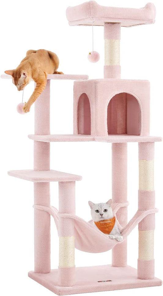 Feandrea Cat Tree, 54.2-Inch Cat Tower, Plush Multi-Level Condo with 4 Scratching Posts, 2 Perches, Hammock, Cave, Jelly Pink UPCT161P01