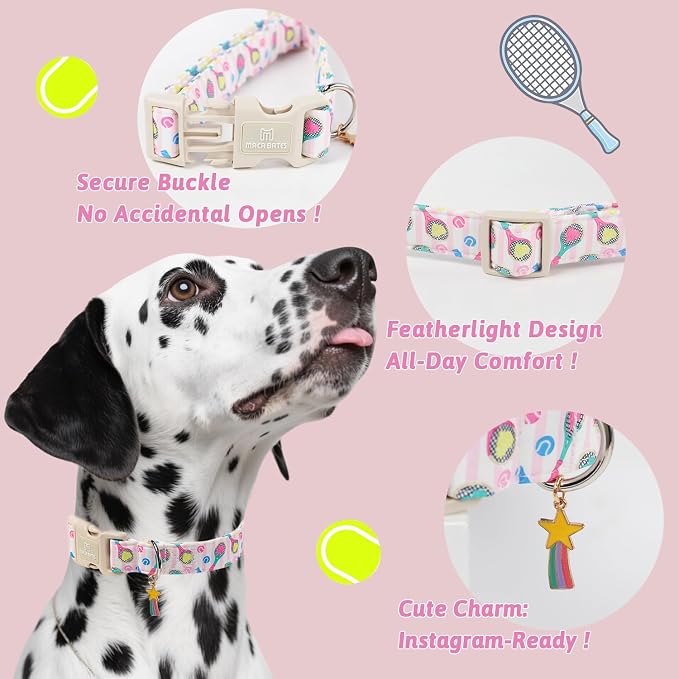 Maca Bates Dog Collar with Racket Charm for Extra Large Girl Boy Dogs,Tennis BowPattern,Pretty Adjustable Durable Collars Pink Gift for Male Female Puppy